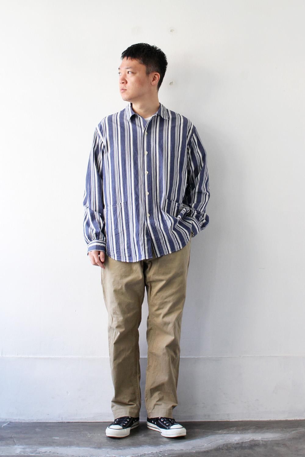A Vontade Gardener Apron Shirts ストライプシャツ A Vontade Gardener Apron Shirt in Natural/Navy Stripe