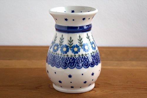 VENA」花瓶 12.5cm【白縁・水色の花】 - ポーランド陶器・食器専門店ツェラミカ