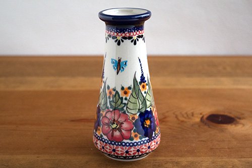 ボレス」花瓶 スリム 13.7cm【花と蝶 レッド系】 - ポーランド陶器 