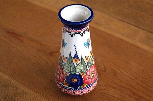 ボレス」花瓶 スリム 13.7cm【花と蝶 レッド系】 - ポーランド陶器・食器専門店ツェラミカ