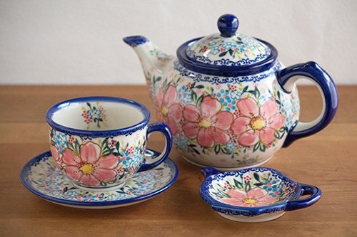 ポーリッシュポタリー VENA コーラルピンクの花 小物入れ ラウンド - 食器