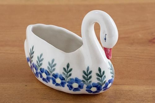 VENA」スワン【白縁・水色の花】 - ポーランド陶器・食器専門店ツェラミカ