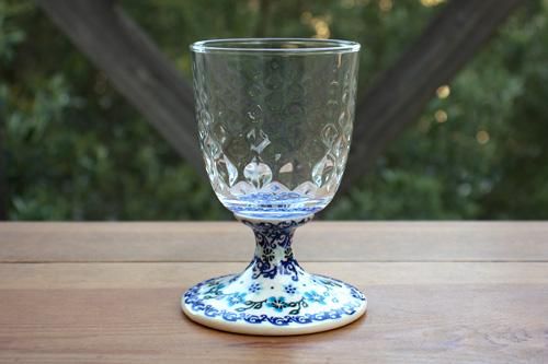 ムラノガラス 大型ゴブレット VENA」グラスゴブレット型押ショート【ボーダー×水色の花