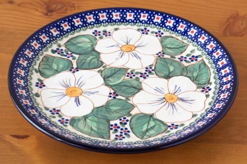 ○M355 ○ポーランド製　輪花型プレート【未使用】大皿　手描き ミレナ」デザート・プレート 17.5cm【大きな白い花アート