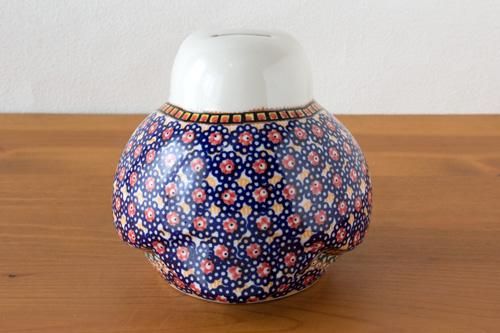 ミレナ」フクロウ貯金箱【藍色小花とドットのボーダー