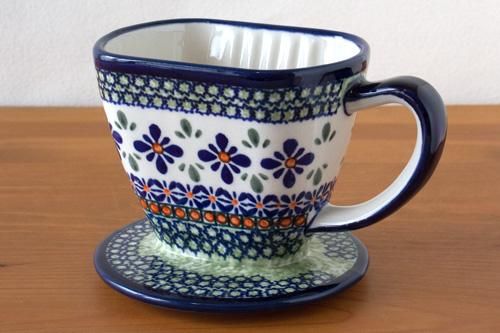 ボレス」コーヒードリッパー【菱花 青×緑】 - ポーランド陶器