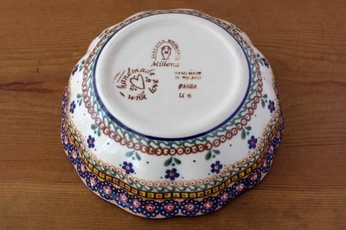 ミレナ」スカラップボウル 17cm【藍色小花とドットのボーダー