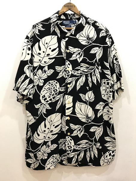 90sラルフローレン レーヨン ハワイアンシャツ 黒白リーフ&パイン