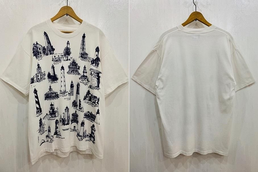 90sミシガンラグ 灯台柄 Tシャツ 白ベース ほぼDEAD 超