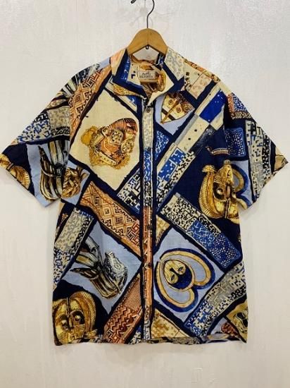 1983s～エルメス リネン100％ 総柄シャツ イタリアンカラー 超 