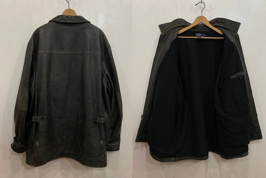 ９０ｓラルフローレン レザーカーコート シングル 黒 茶芯 極上 ＸＸＬ - 大きいサイズ専門の古着屋 INDIGO TRAIL  BIGSIZESTORE