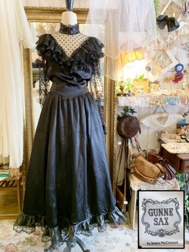 GUNNE SAX 80's ドットチュールサテンドレス ブラック Size:9