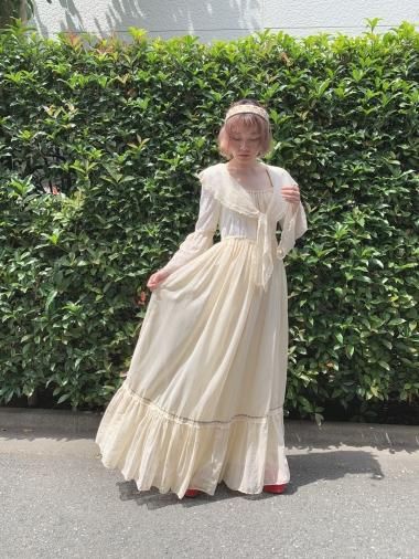 GUNNE SAX 70's レースセーラーカラーコットンロングワンピースドレス 生成り