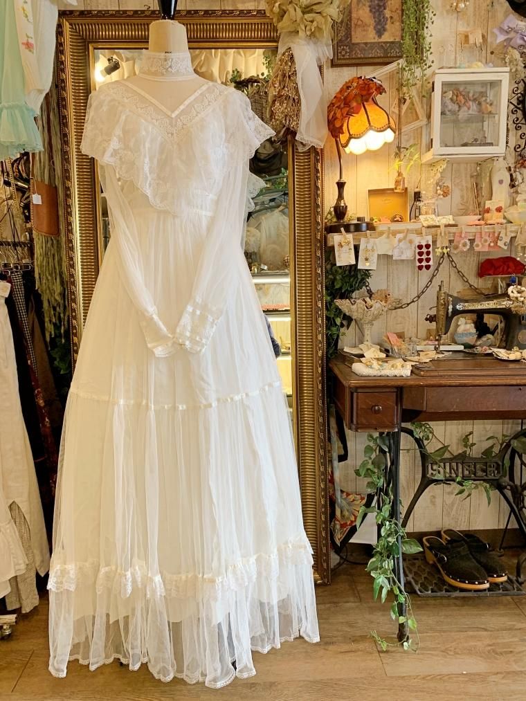 ドレス70s GUNNE SAX 黒タグ レース ヴィンテージ ロング ドレス