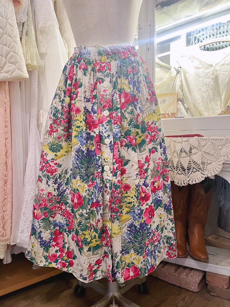 Vintage フローラルレーヨンミディアム丈スカート