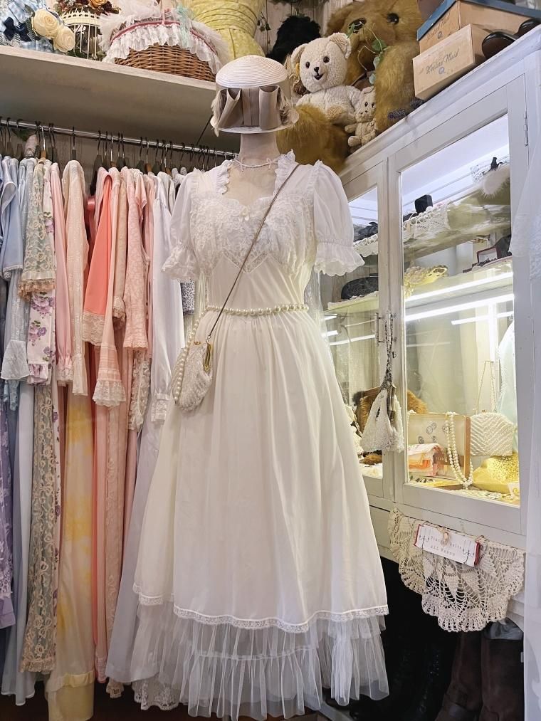 Vintage Nightie 70s胸元レースエンジェルホワイトシアーワンピース