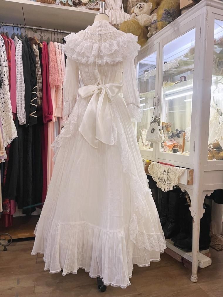 レースのロマンティックバッスルドレス゜・*:.。. GUNNE SAX Wedding 80's ヴィクトリアンフリルレースバッスルドレス Size7