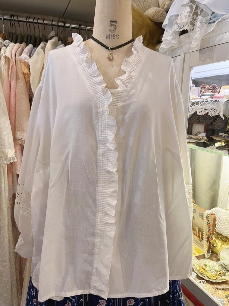 コットンブラウス　vintage ブラウス セール】 【小さいサイズ】ナチュラルコットンフリルデザインシャツ