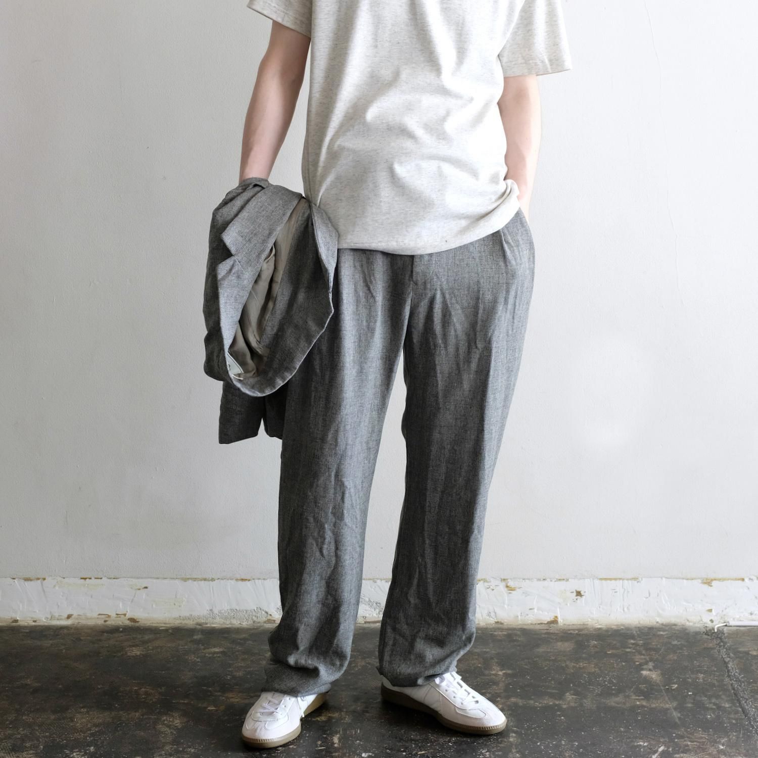 PE TWEED TUCK SARROUEL PANTS [GREGE]