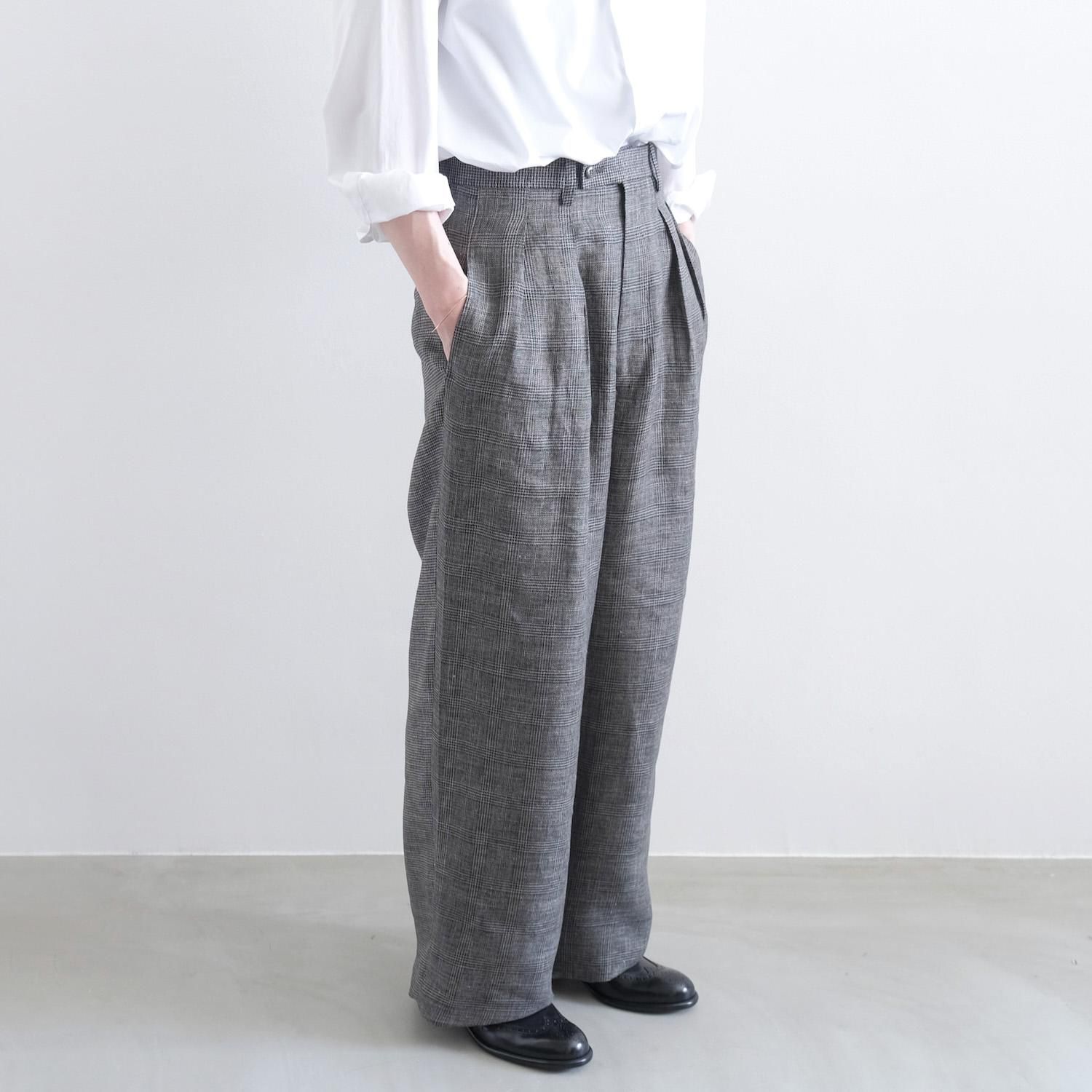 LINEN TUCKED WIDE PANTS [GLEN CHECK & HOUNDTOOTH] - WUNDER 大阪