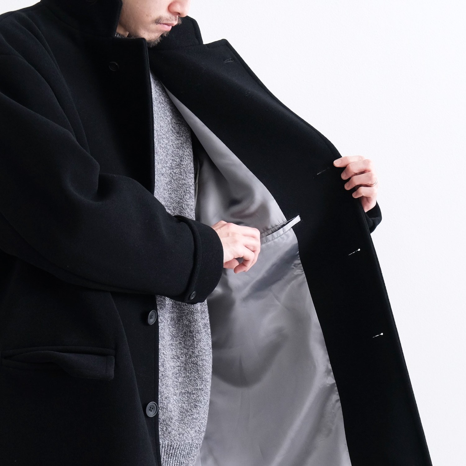 TASMANIA WOOL DOUBLE MELTON TAILOR BOX COAT [BLACK] - WUNDER 大阪 