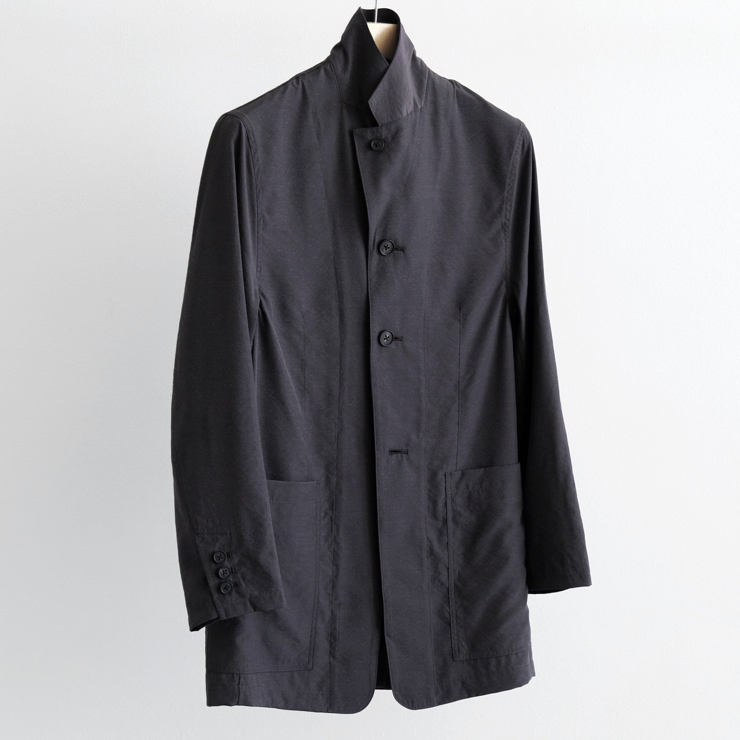 HIGH COUNT NYLON×VISCOSE×SILK CUTAWAY FRONT LONG JACKET [BLACK