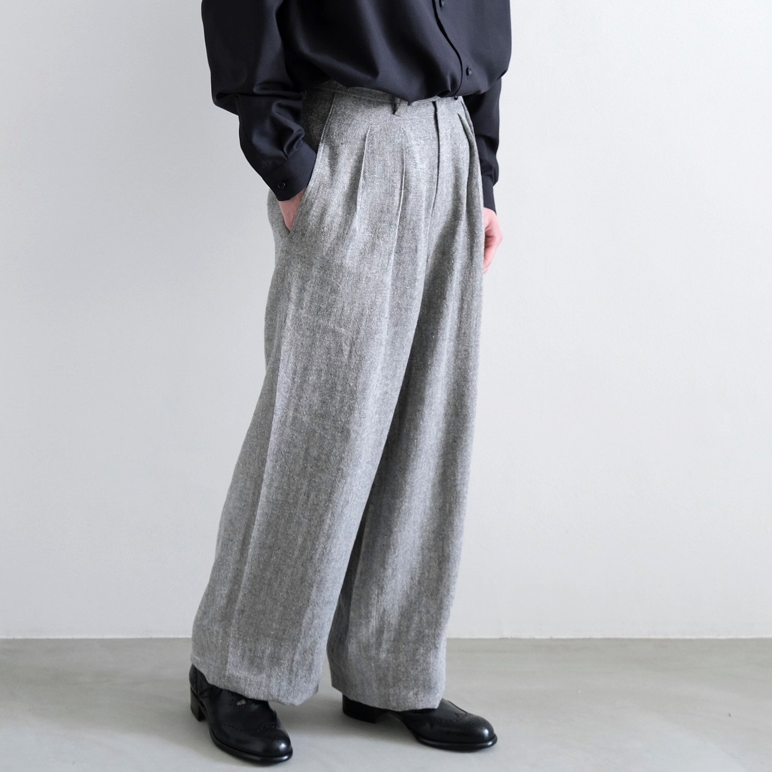 LINEN SILK TUCKED WIDE PANTS [LIGHT GRAY / HERRINGBONE] - WUNDER 大阪  セレクトショップ 大阪梅田中崎町 オンラインストア 正規取扱い 通販可能