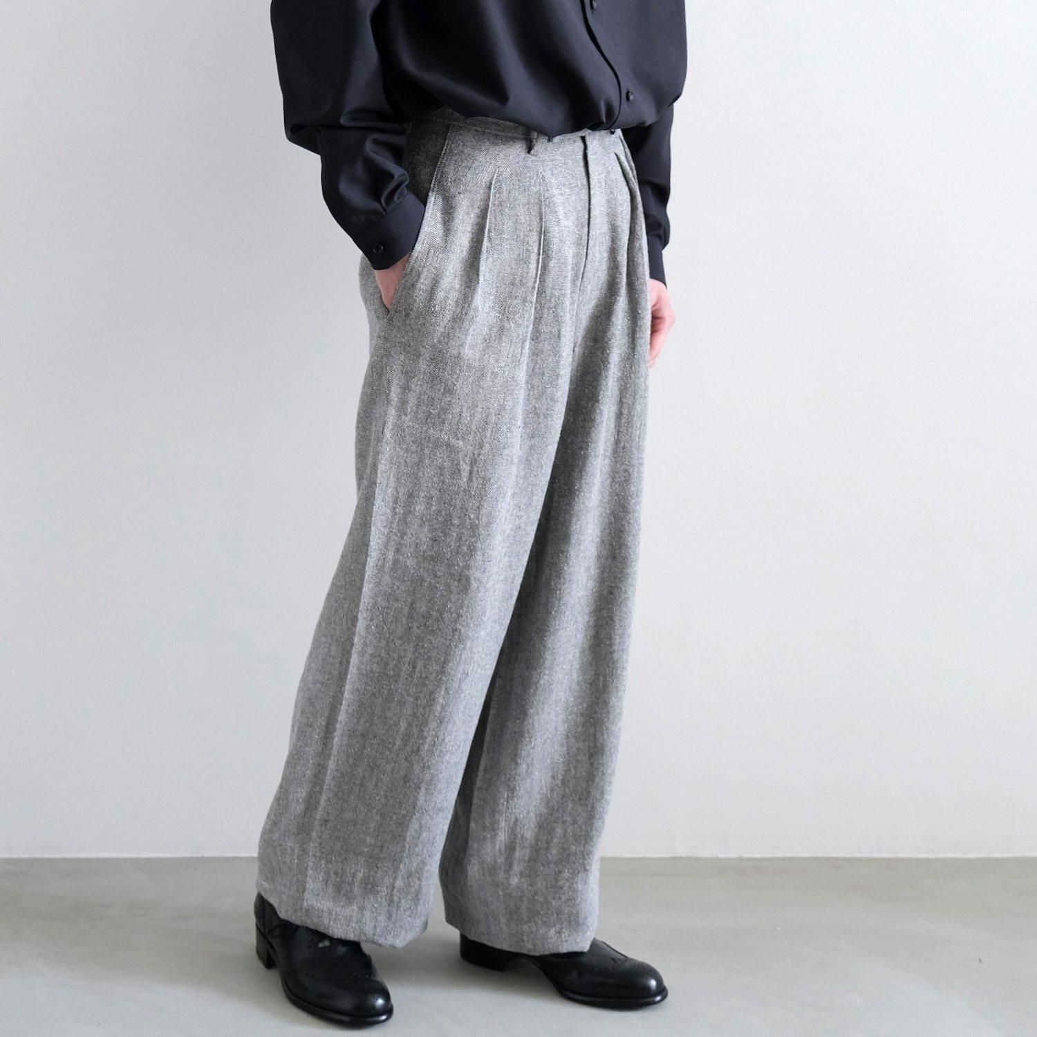 LINEN SILK TUCKED WIDE PANTS [LIGHT GRAY / HERRINGBONE]