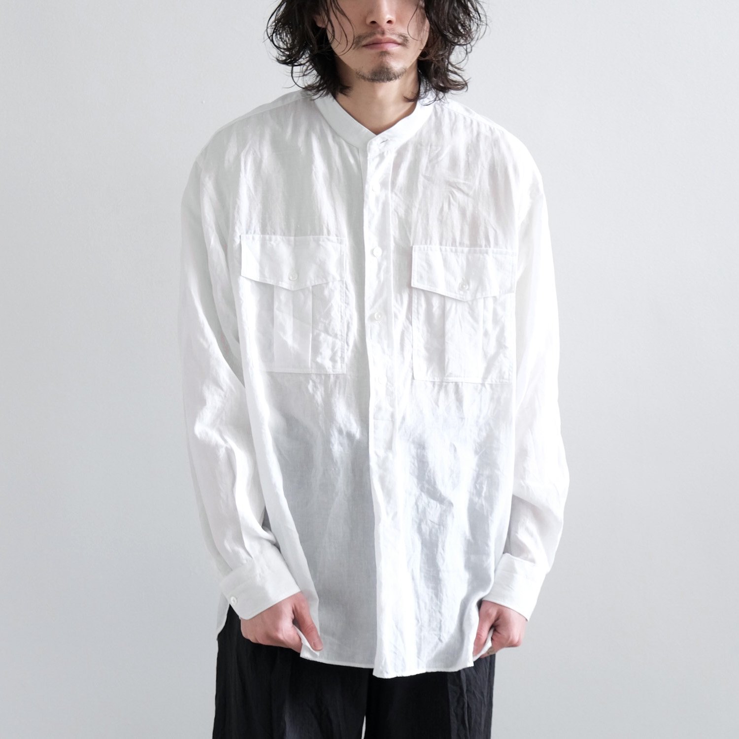 125/1 HIGH DENSITY LINEN CLOTH BAND COLLAR PULLOVER SHIRT [WHITE]