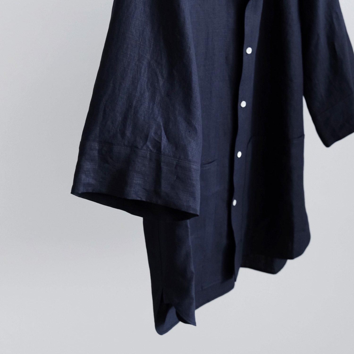 HIGH COUNT FINE LINEN OPEN COLLAR SHIRT [NAVY BLUE] - WUNDER
