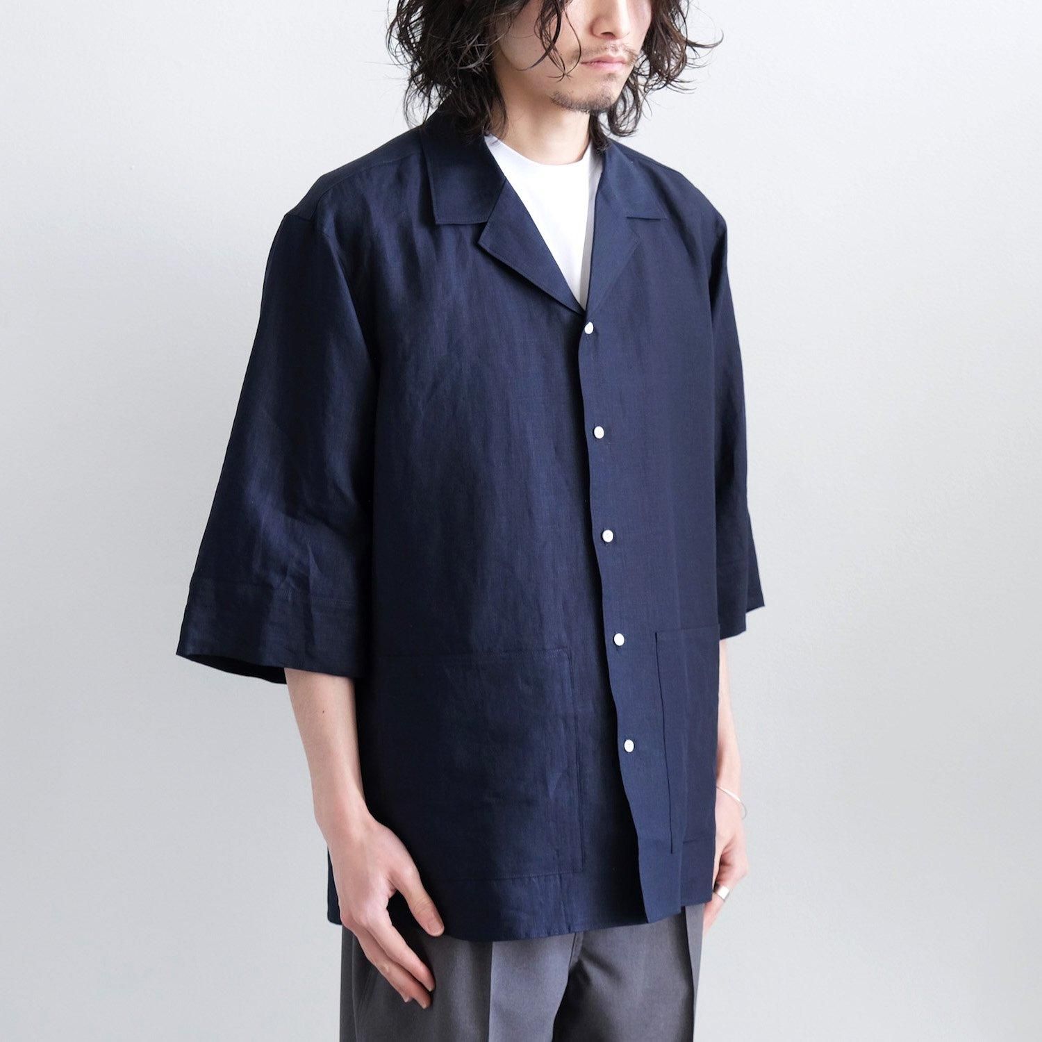 HIGH COUNT FINE LINEN OPEN COLLAR SHIRT [NAVY BLUE] - WUNDER