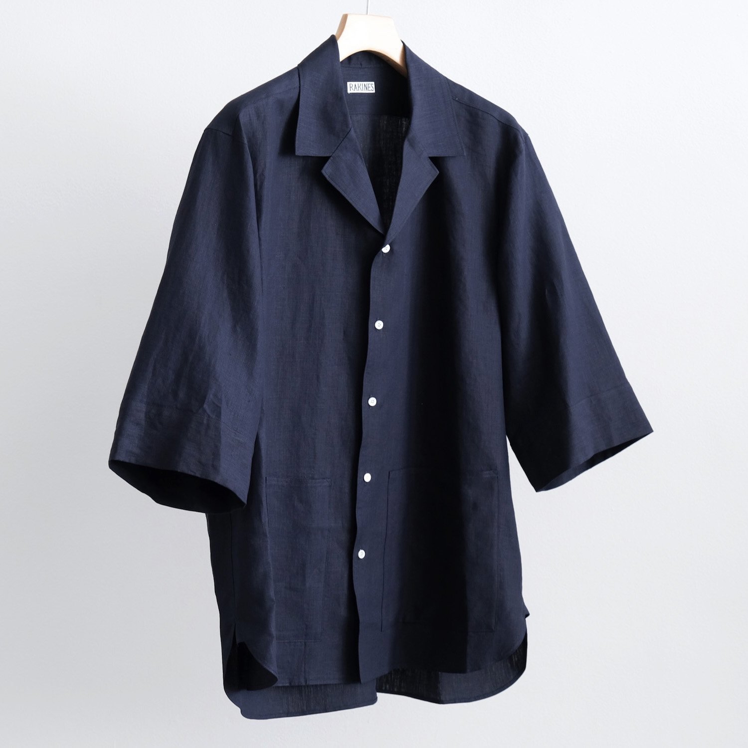 HIGH COUNT FINE LINEN OPEN COLLAR SHIRT [NAVY BLUE]