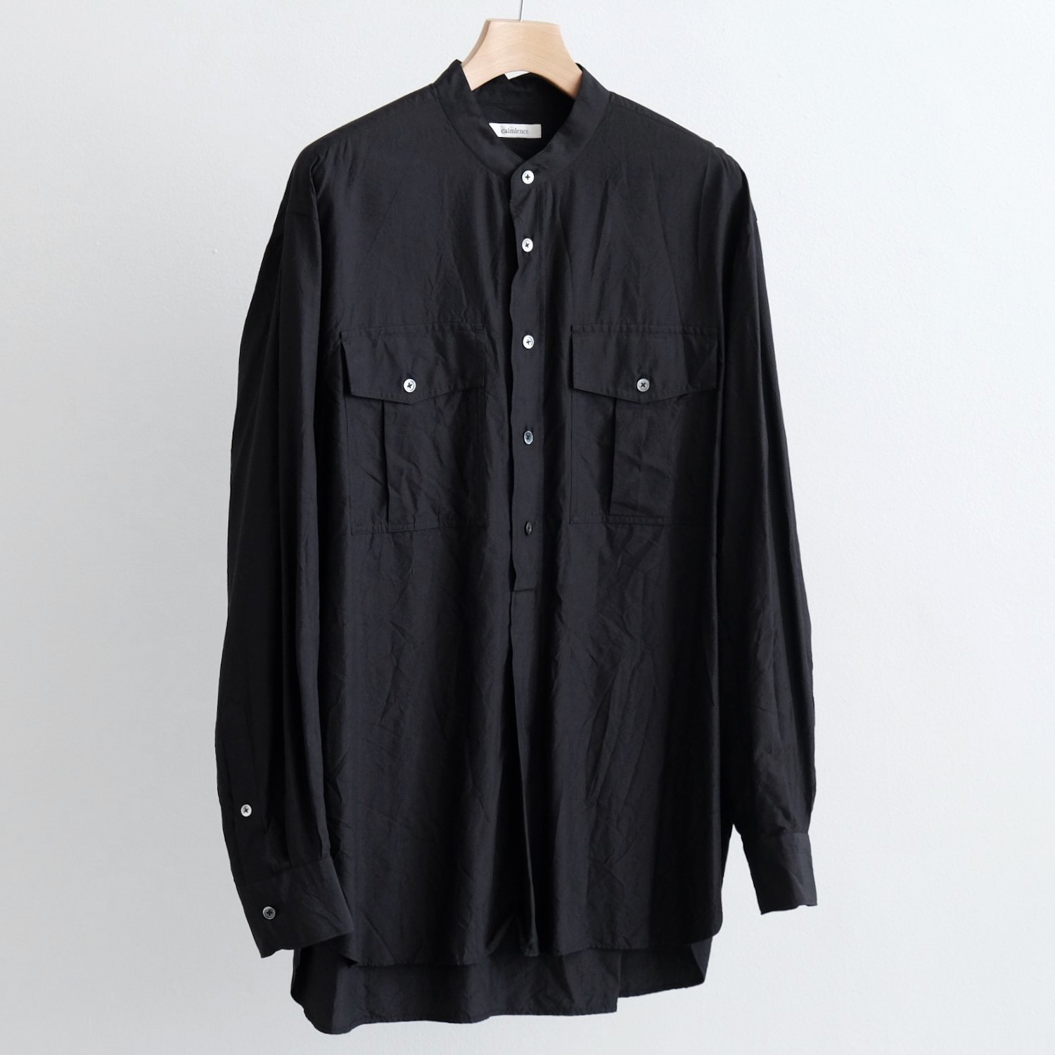 SILK BROAD CLOTH BAND COLLAR PULLOVER SHIRT [BLACK]