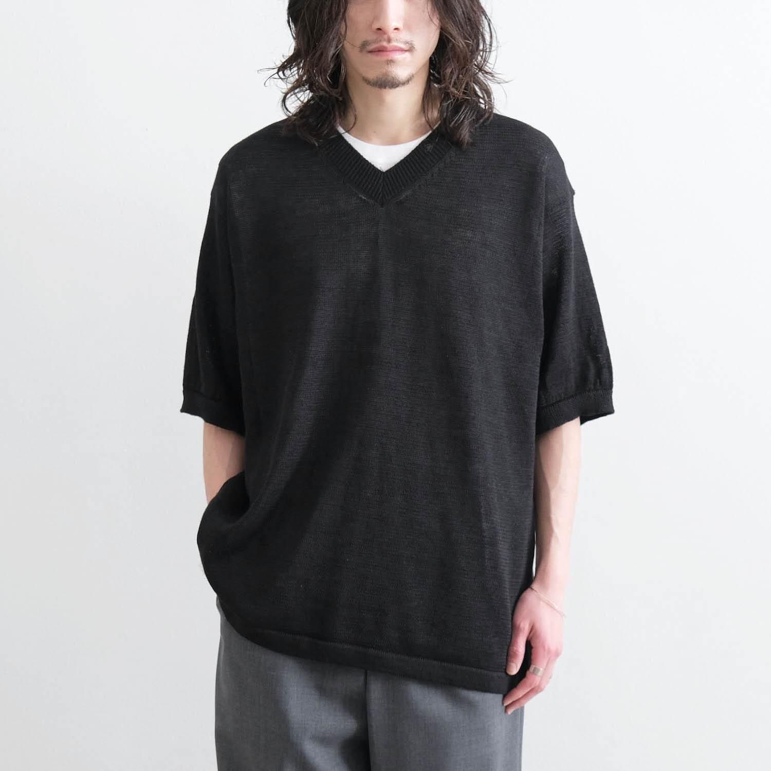 LINEN V NECK HALF SLEEVE KNIT [BLACK] - WUNDER 大阪 セレクト