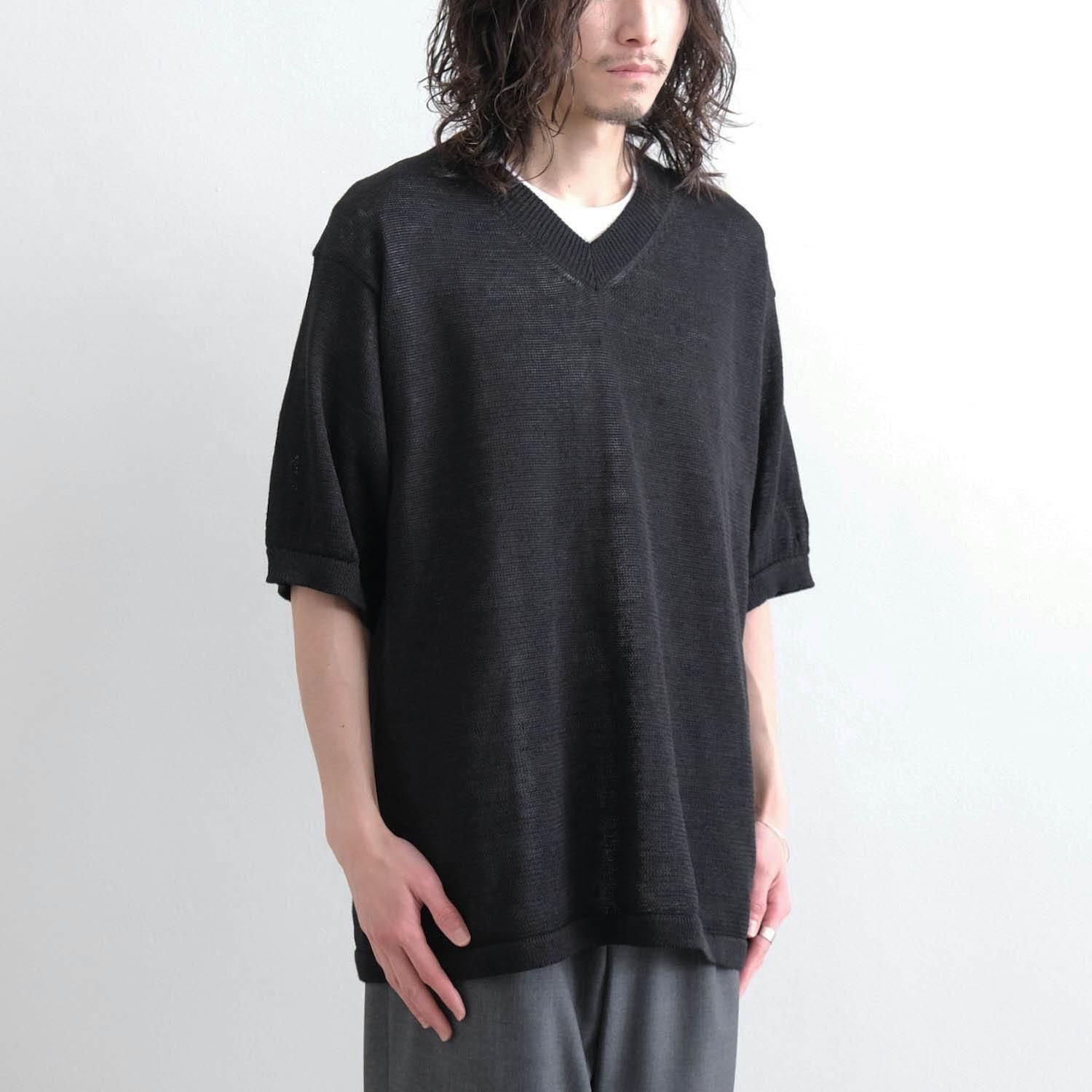 LINEN V NECK HALF SLEEVE KNIT [BLACK] - WUNDER 大阪 セレクト