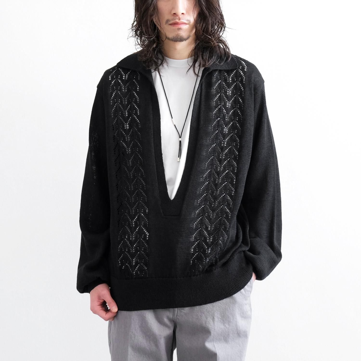 LINEN V NECK KNIT [BLACK]