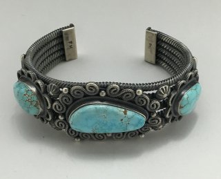 Navajo Freddie Maloney Natural Kingman Turquoise Twist Wire Bracelet