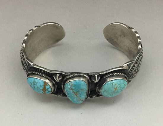 Navajo Gary Reeves #8 Turquoise Coin Silver Cuff Bracelet - 練馬の