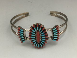 Zuni Edmund Cooeyate Coral & Turquoise Needlepoint Cuff Bracelet