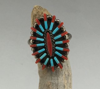 Zuni Edmund Cooeyate Coral & Turquoise Needlepoint Ring