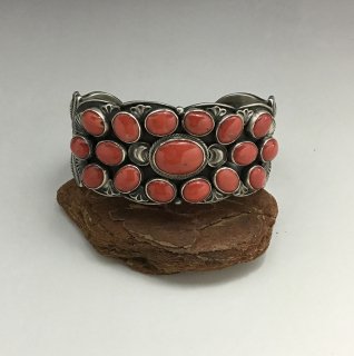 Navajo Gary Reeves Coin Silver Coral Cluster Cuff Bracelet