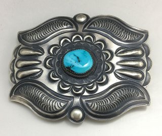 Navajo Martha Cayatineto Morenci Turquoise Silver Belt Buckle