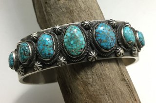 Navajo Calvin Martinez Kingman Turquoise Row Cuff Bracelet