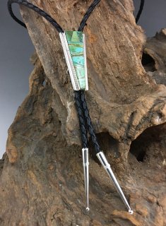 Nvajo Wilbert Gray Turquoise Inlay Bolo Tie