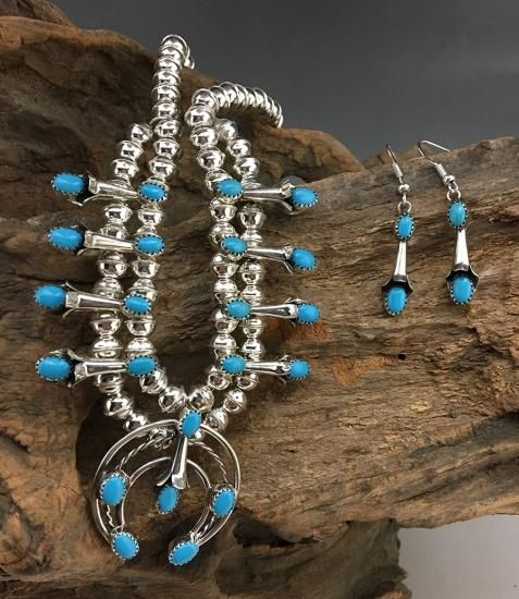 Navajo Phil Garcia Squash Blossom Necklace Earrings Set