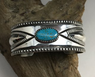 Navajo Harrison Jim Birds Eye Kingman Turquoise Ingot Silver Cuff Bracelet