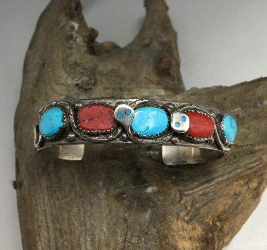 Zuni Effie Calavaza Turquoise and Red Coral 70's Vintage Cuff 