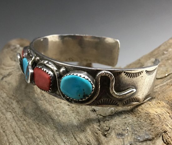 Zuni Effie Calavaza Turquoise and Red Coral 70's Vintage Cuff