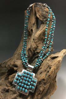 Navajo Lorenzo James Kingman Turquoise Pendant and 3 Strand Necklace Set