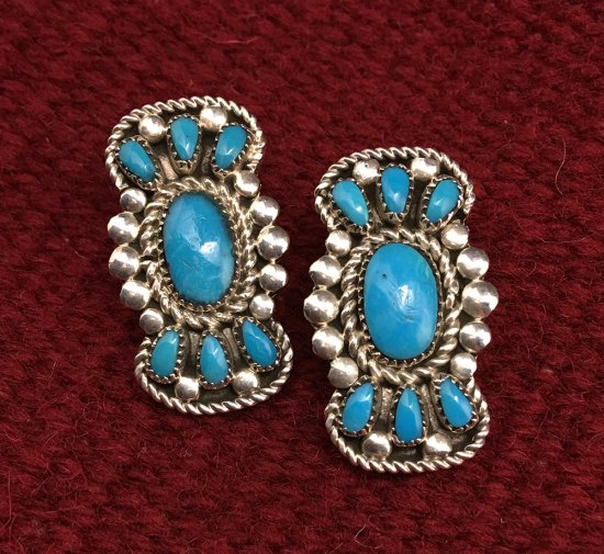 Zuni Lorraine Waatsa Sleeping Beauty Turquoise Cluster Earrings -  練馬のインディアンジュエリー・雑貨のお店 Little Pinetree Trading Post